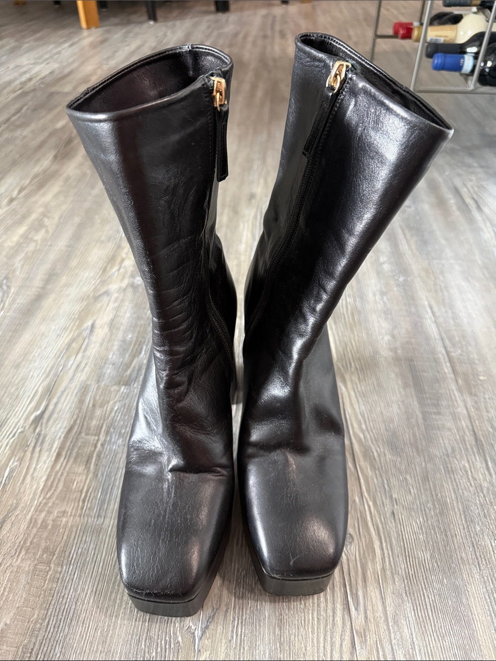 Zara Women's Black Mid-Calf Square-Toe Leather Platform Boots